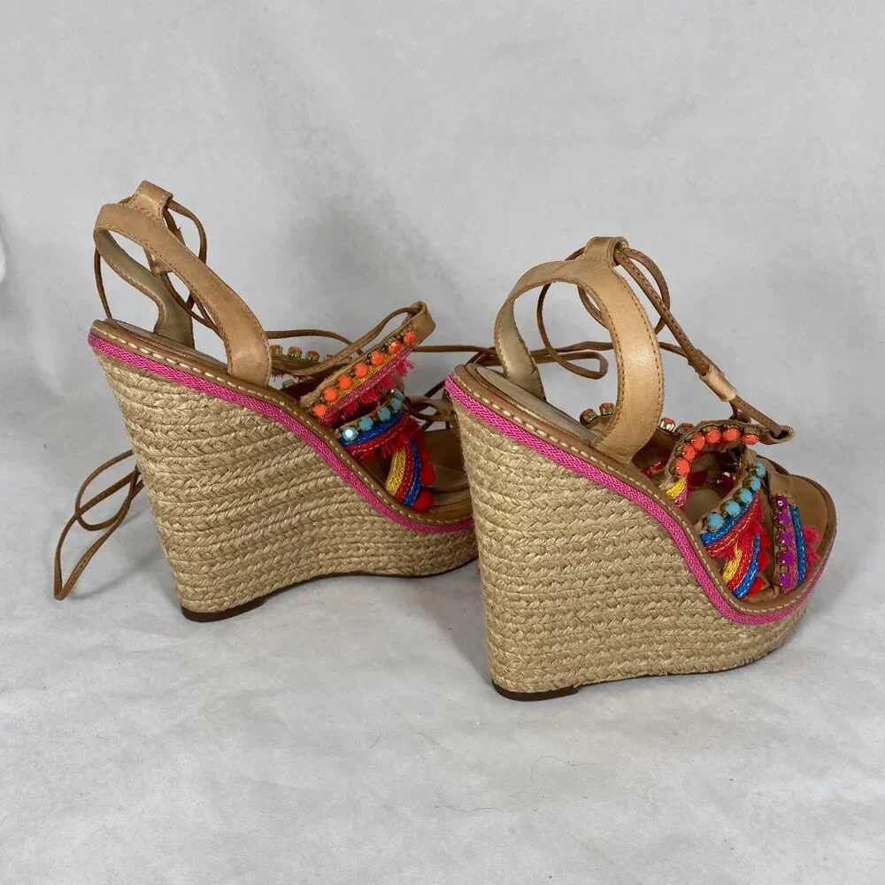 NEW Schutz Mella Espadrille Wedge Heel Sandal Pom Pom Jeweled 8.5